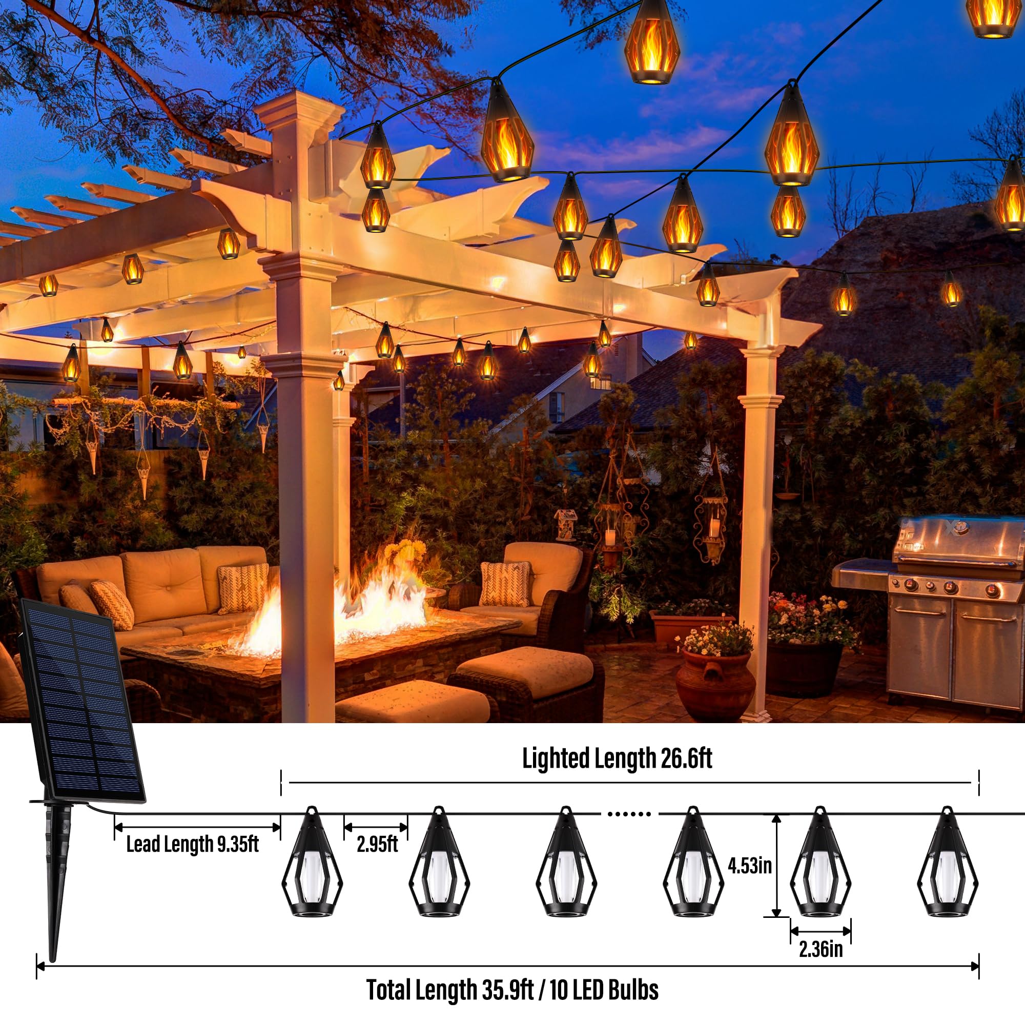 Solar Flickering Flame Outdoor String Lights
