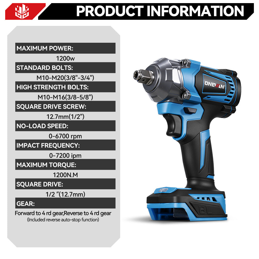 ONEVAN 1/2" 1200N·m Brushless Cordless Impact Wrench | For Makita 18V Battery