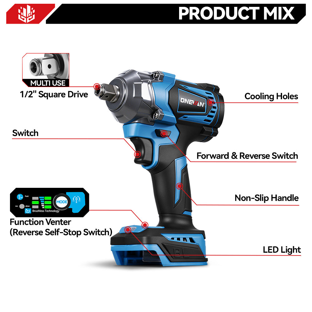 ONEVAN 1/2" 1200N·m Brushless Cordless Impact Wrench | For Makita 18V Battery