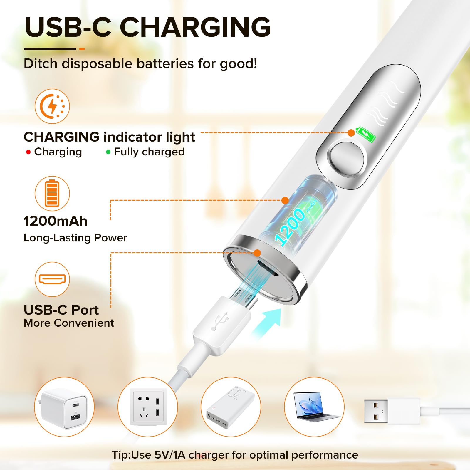 Rechargeable Electric Milk Frother with 3 Replaceable Stainless Steel Whisks