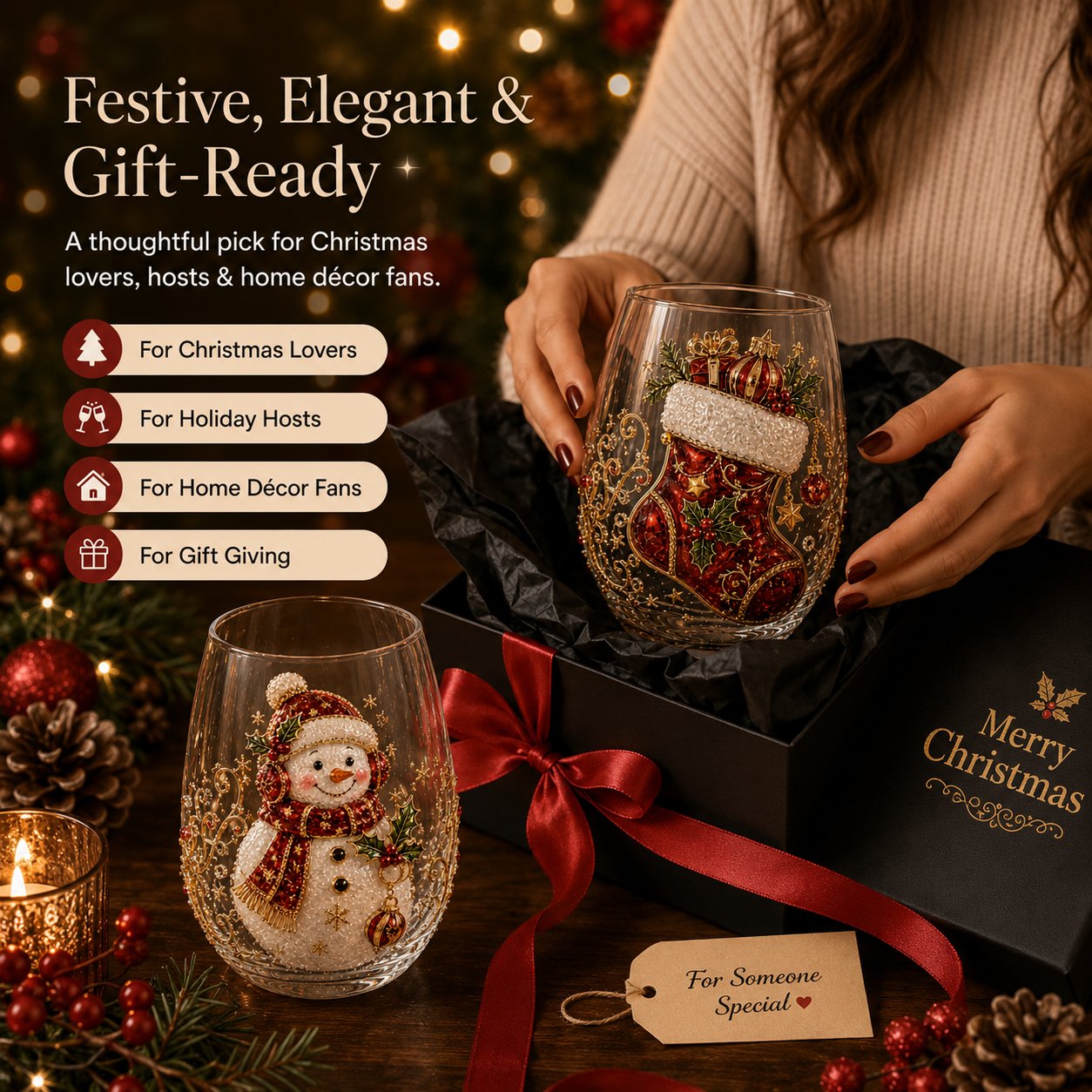 🎄✨ 3D Christmas Glass Art Cup | Luxury Raised Holiday Glassware for Drinks, Decor & Christmas Gifts 🎁