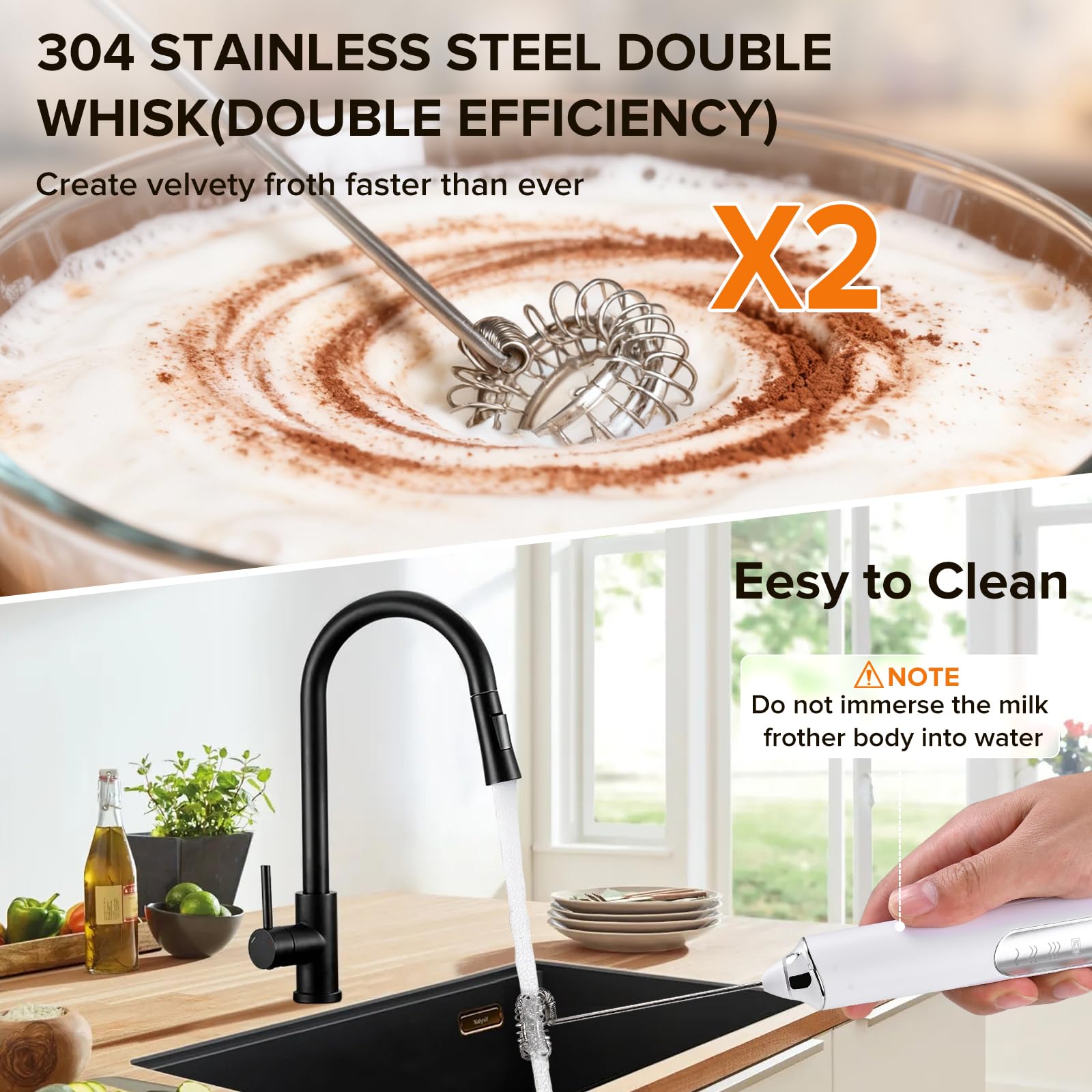 Rechargeable Electric Milk Frother with 3 Replaceable Stainless Steel Whisks