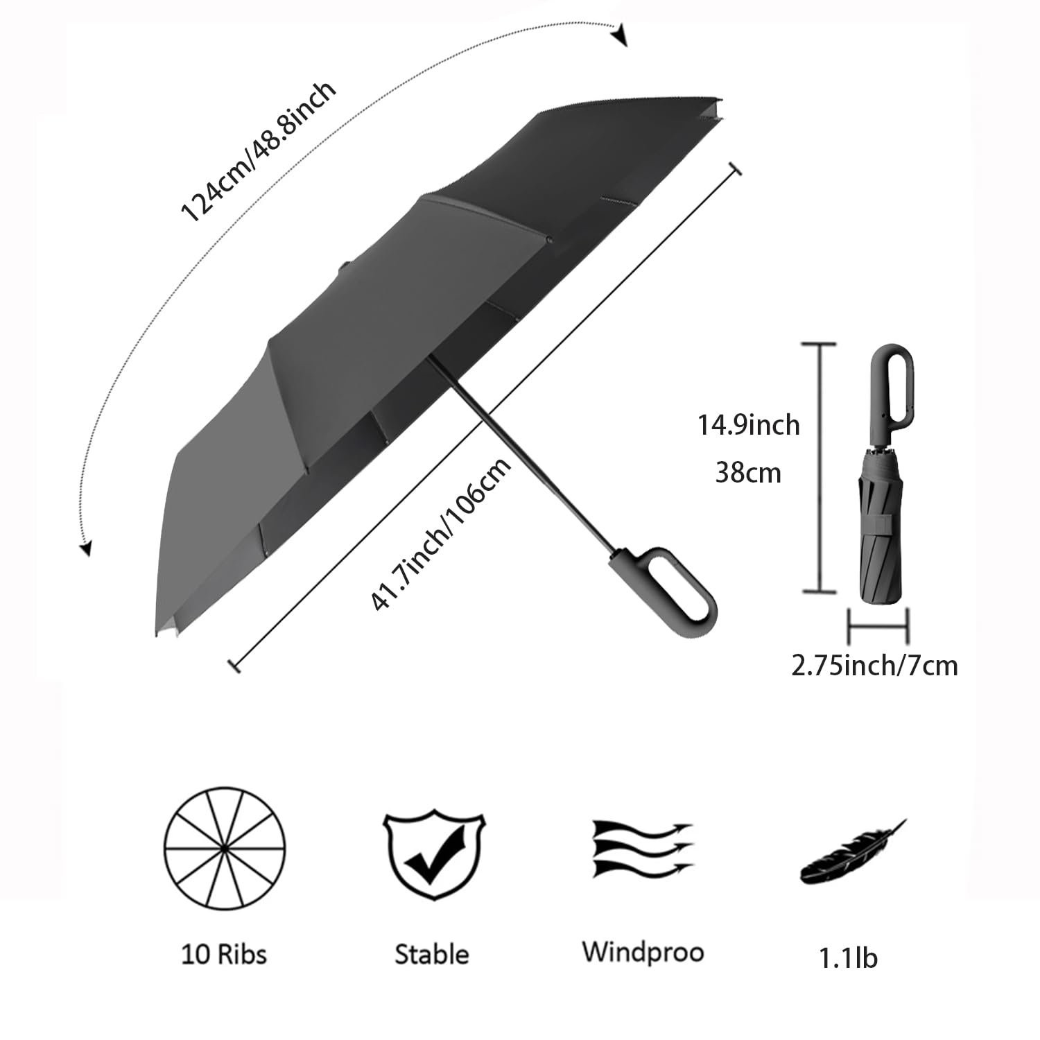 Automatic Travel Umbrella with Hook Handle