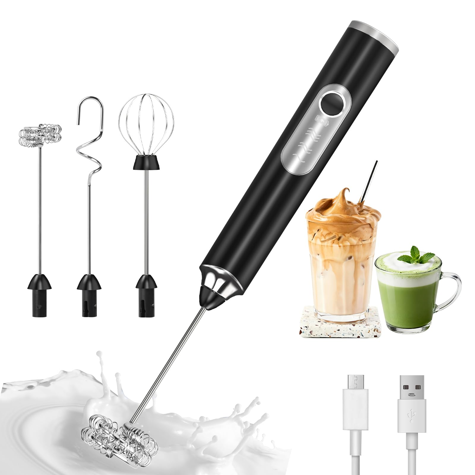 Rechargeable Electric Milk Frother with 3 Replaceable Stainless Steel Whisks