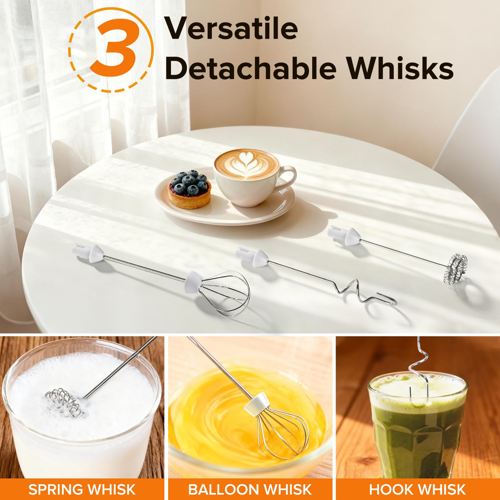 Rechargeable Electric Milk Frother with 3 Replaceable Stainless Steel Whisks