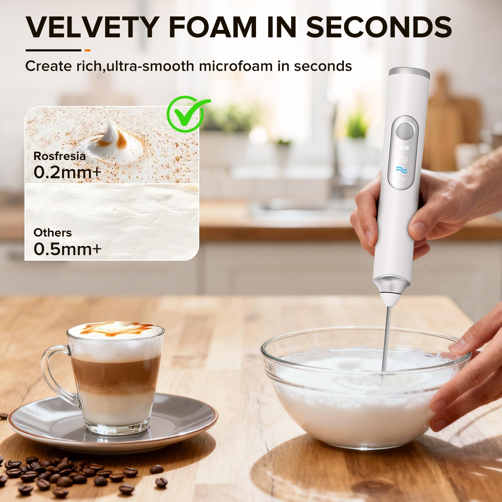Rechargeable Electric Milk Frother with 3 Replaceable Stainless Steel Whisks