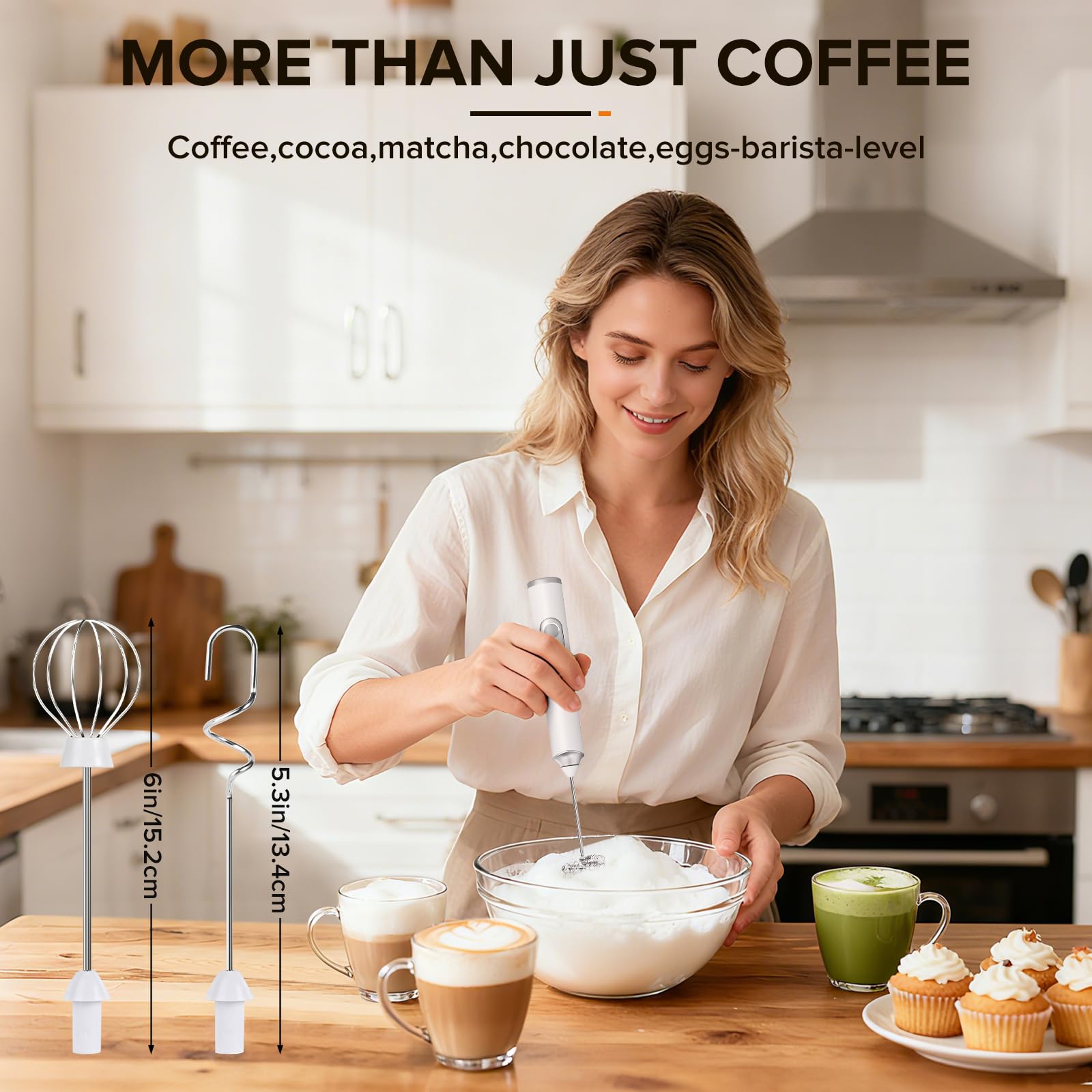 Rechargeable Electric Milk Frother with 3 Replaceable Stainless Steel Whisks