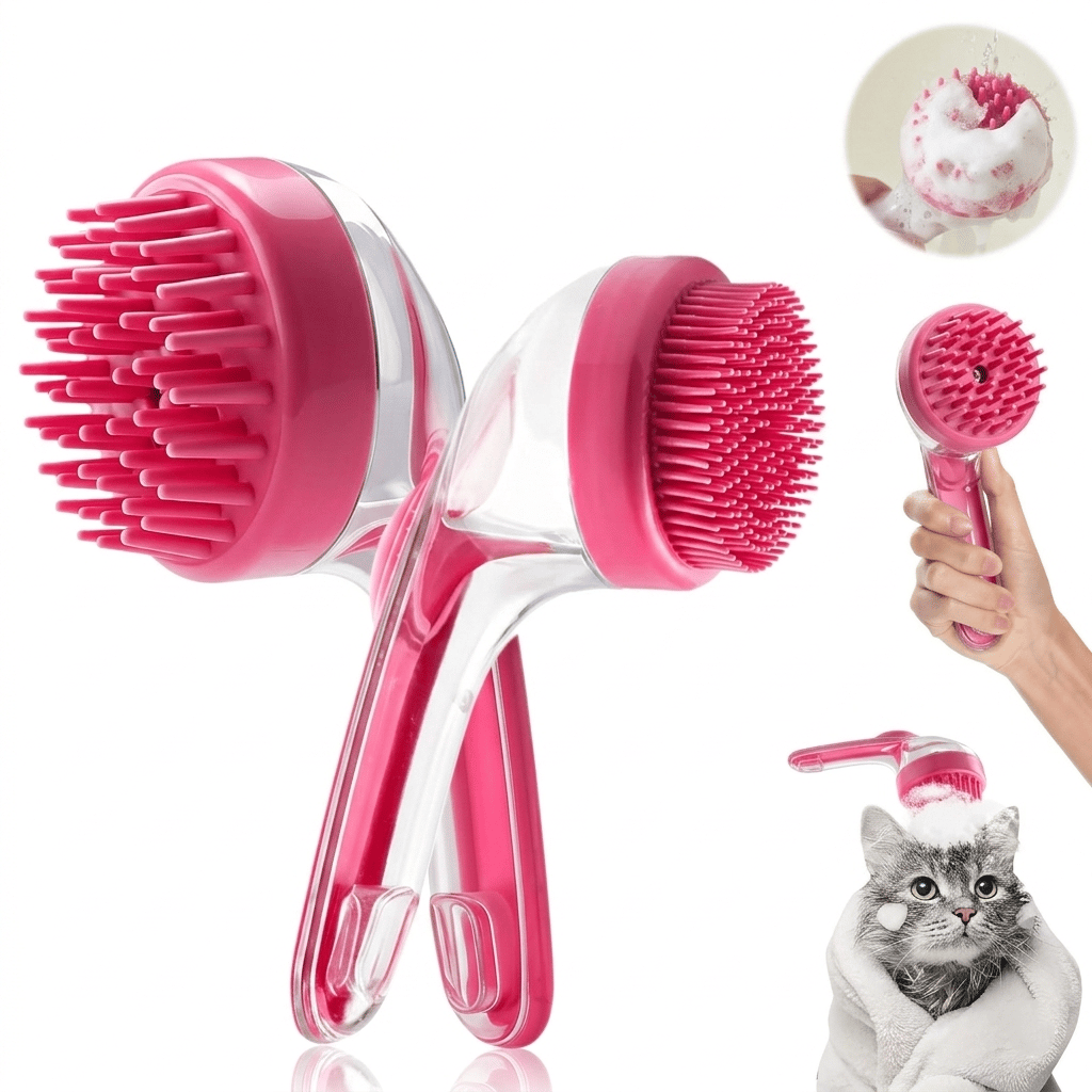 2-in-1 Pet Bath Brush with Shampoo Dispenser for Dogs and Cats