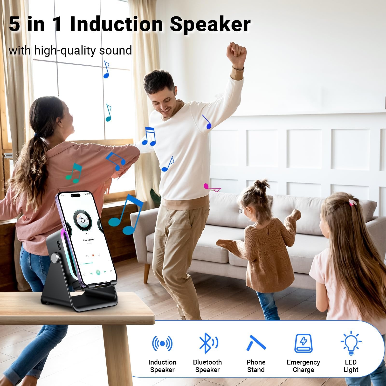 5-in-1 Induction Speaker & Bluetooth Phone Stand with Power Bank