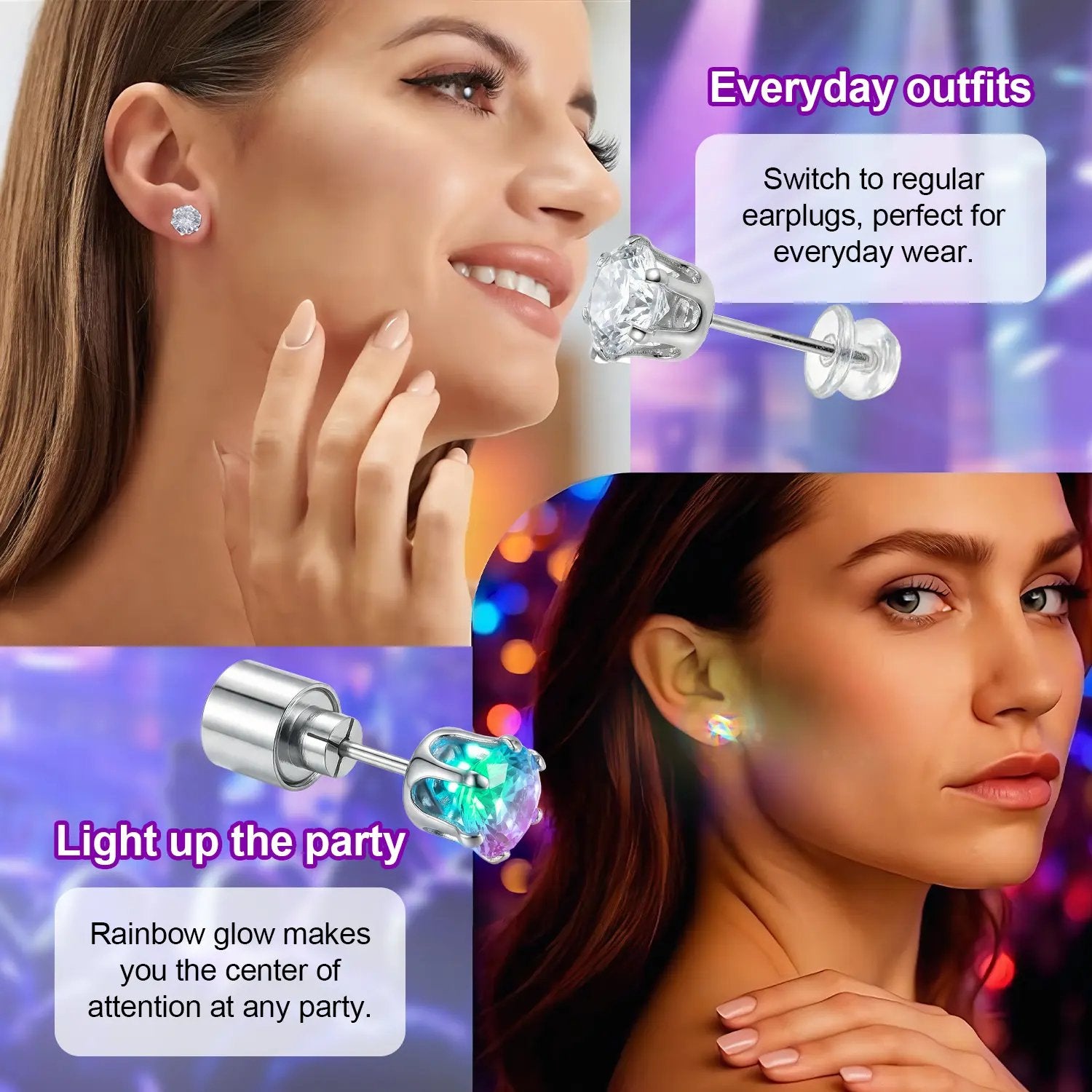 Light-Up LED Diamond Crown Stud Earrings for Party & Nightlife